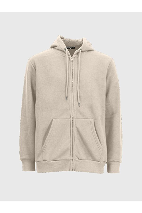 Düz Kapüşonlu Fermuarlı Bej Sweatshırt