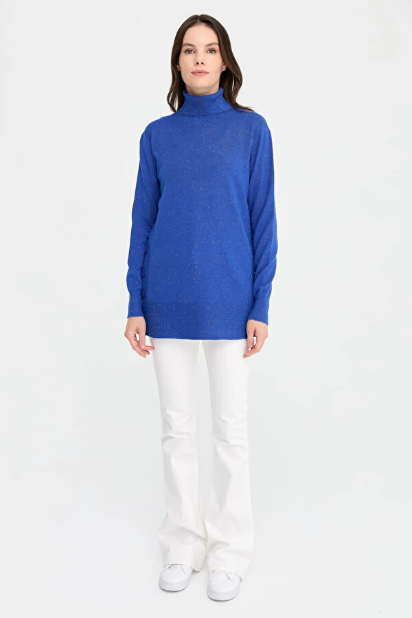 Kadın Tam Balıkçı Yaka Dikişsiz Kazak 23391 Saks