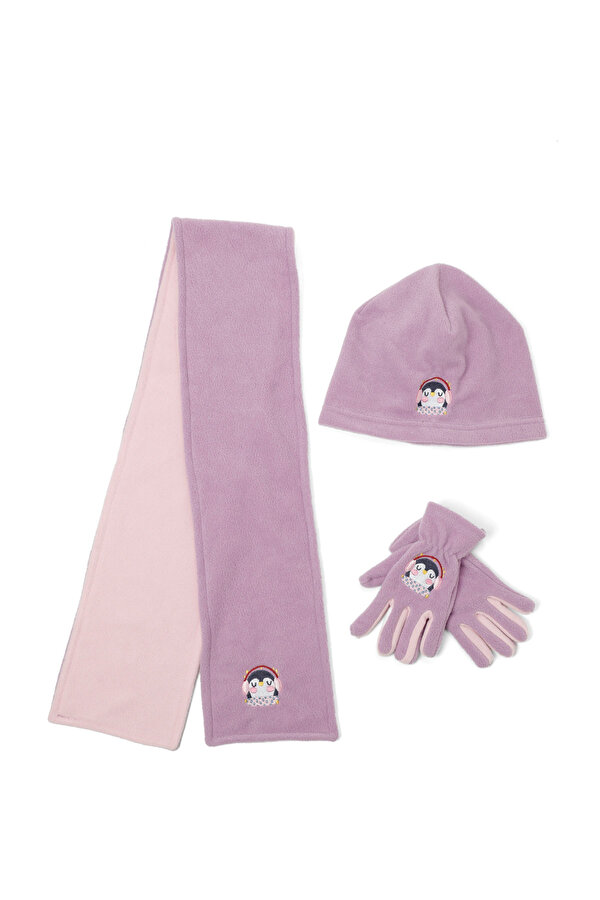 PL PENGUEN SET G-4PR Lila Kız Çocuk Atkı/Bere/Eldiven