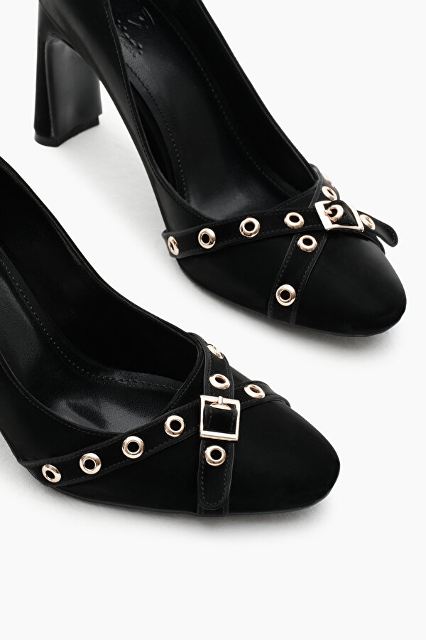 Kadın Siyah Neolit Taban Önü Şerit Tokalı Yüksek Topuklu Ayakkabı