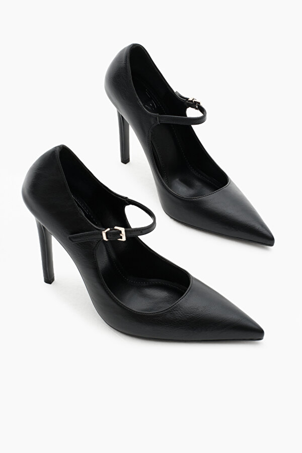 Kadın Siyah Neolit Taban Bilekten Bağlamalı Sivri Burunlu Yüksek Topuklu Ayakkabı