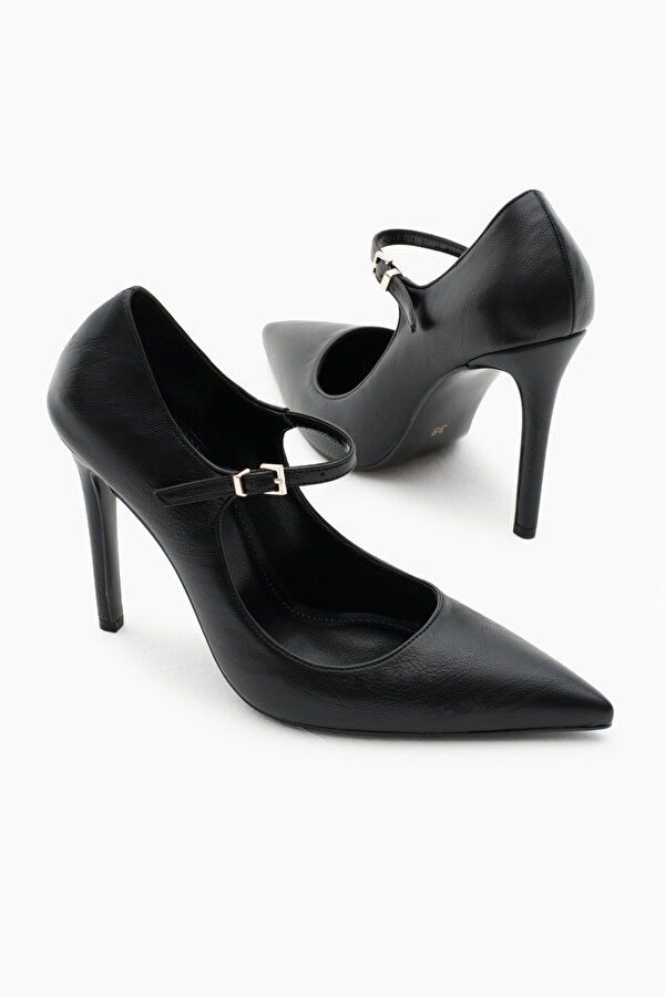 Kadın Siyah Neolit Taban Bilekten Bağlamalı Sivri Burunlu Yüksek Topuklu Ayakkabı