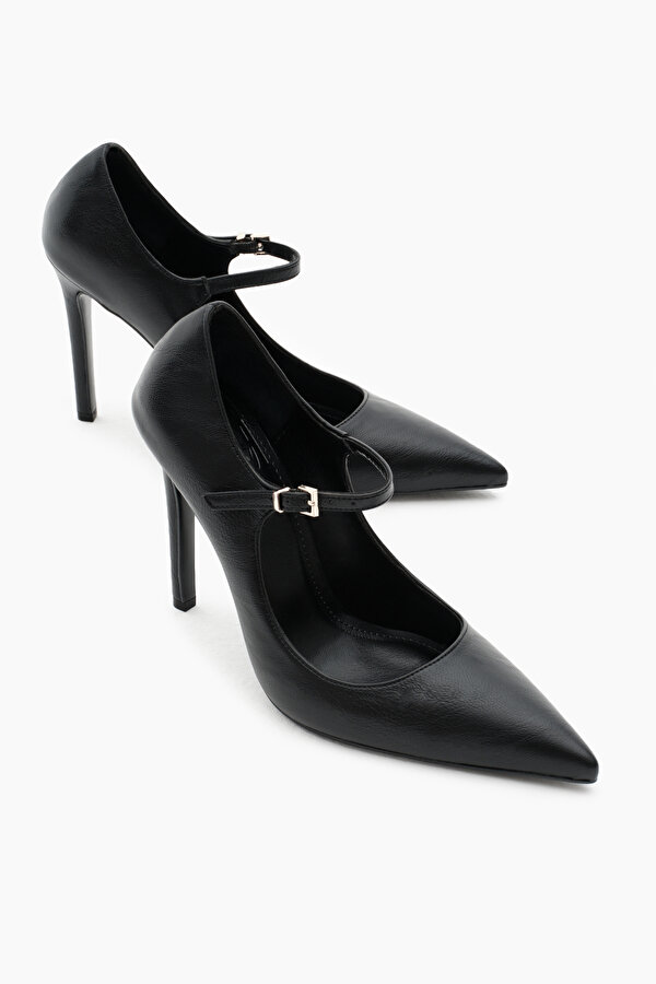 Kadın Siyah Neolit Taban Bilekten Bağlamalı Sivri Burunlu Yüksek Topuklu Ayakkabı