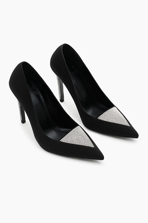 Kadın Siyah Neolit Taban Önü ve Topuğu Taşlı Sivri Burunlu Yüksek Topuklu Ayakkabı