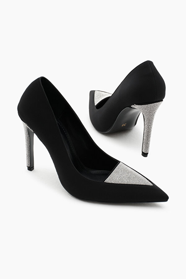 Kadın Siyah Neolit Taban Önü ve Topuğu Taşlı Sivri Burunlu Yüksek Topuklu Ayakkabı