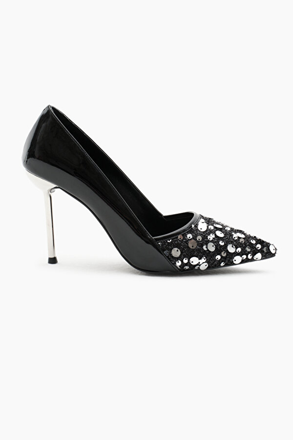 Kadın Siyah Neolit Taban Payetli Sivri Burunlu Yüksek Topuklu Ayakkabı