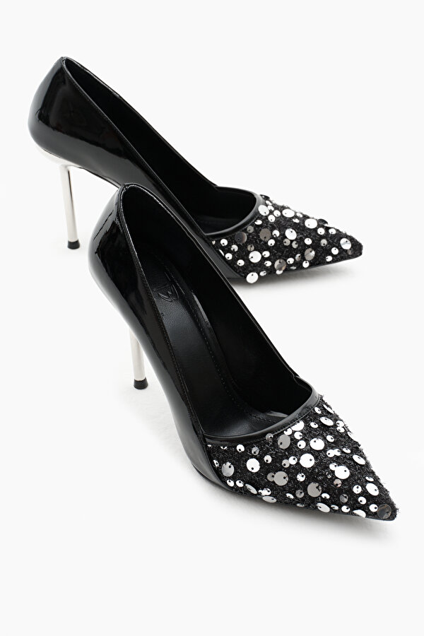 Kadın Siyah Neolit Taban Payetli Sivri Burunlu Yüksek Topuklu Ayakkabı