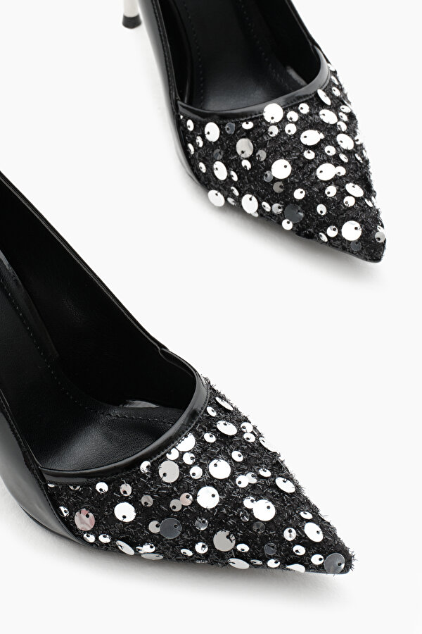 Kadın Siyah Neolit Taban Payetli Sivri Burunlu Yüksek Topuklu Ayakkabı