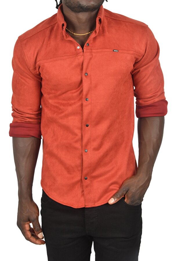 DeepSEA Erkek Kiremit Rengi Likralı Çıtçıtlı Kırışmayan Süet Kumaş Slim Fit Cepsiz Mevsimlik Gömlek 2500556