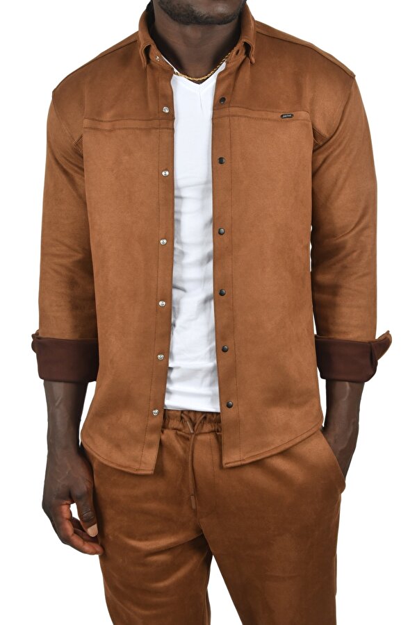 DeepSEA Erkek Kahve Likralı Çıtçıtlı Kırışmayan Süet Kumaş Slim Fit Cepsiz Mevsimlik Gömlek 2500556