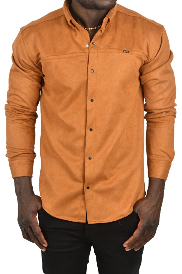 DeepSEA Erkek Taba Likralı Çıtçıtlı Kırışmayan Süet Kumaş Slim Fit Cepsiz Mevsimlik Gömlek 2500556
