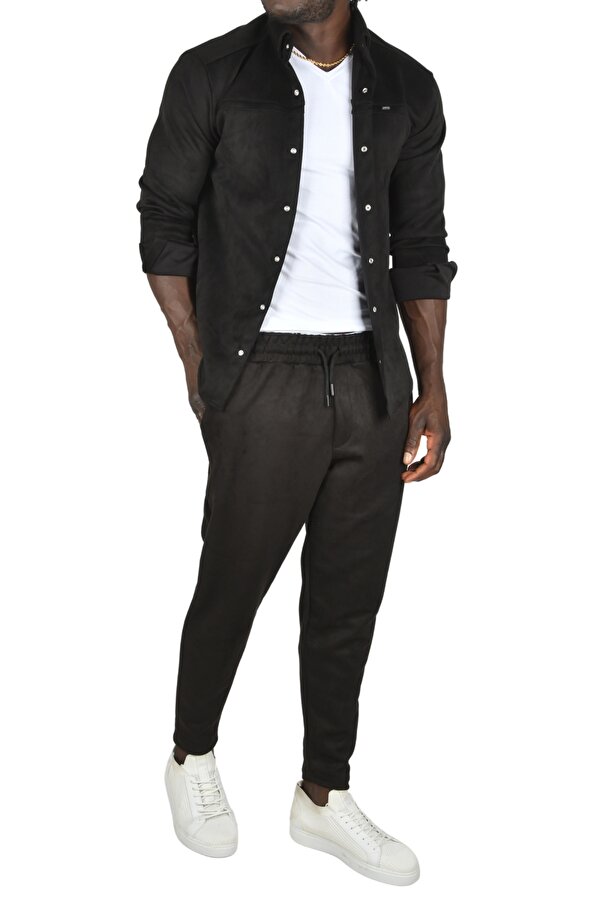 DeepSEA Erkek Siyah Likralı Çıtçıtlı Kırışmayan Süet Kumaş Slim Fit Cepsiz Mevsimlik Gömlek 2500556