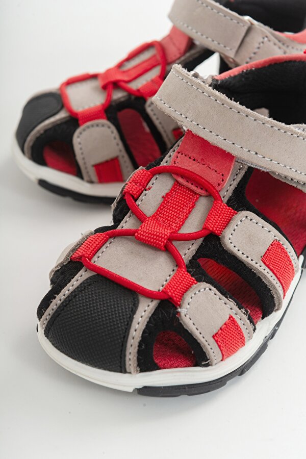 Unisex Çocuk Gri-Kırmızı Deri Ortopedik Outdoor Çocuk Sandalet