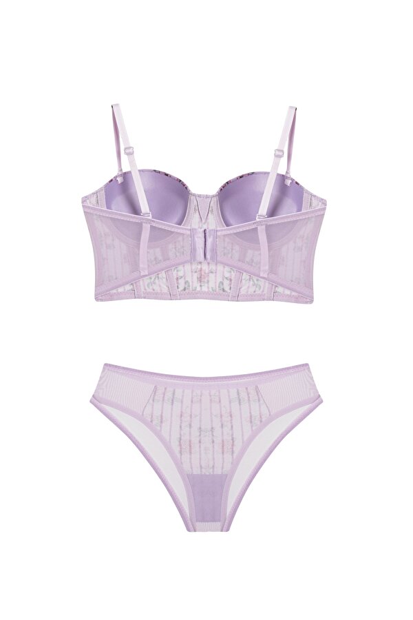 Simli Çiçek Desenli Destekli Lila Bustiyer Takım (682T)