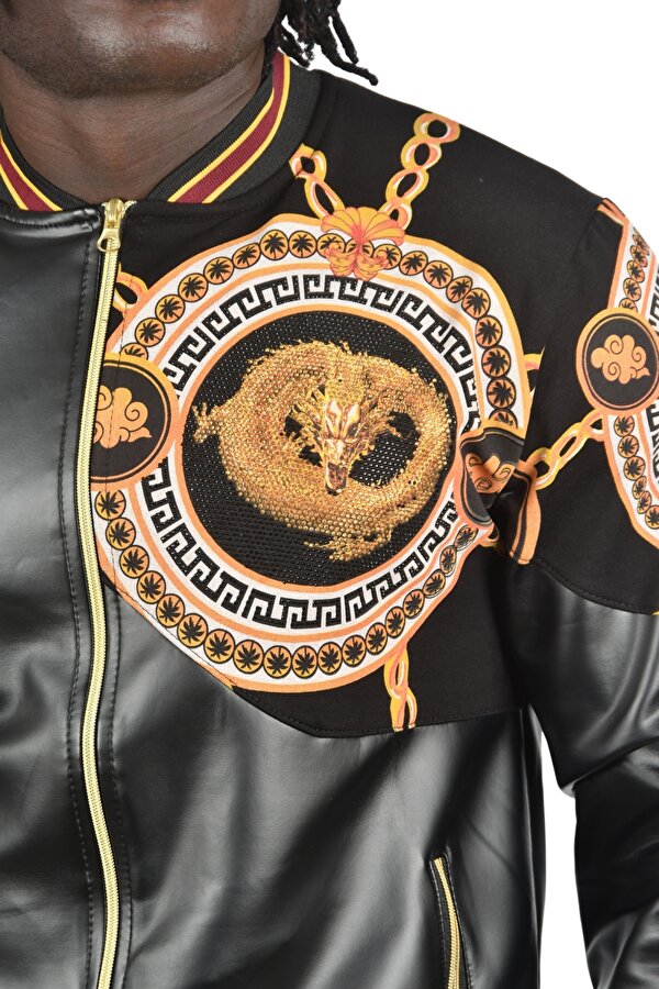 DeepSEA Erkek Siyah Taş İşlemeli Ejder Desenli Dar Kesim Fermuarlı Suni Deri Ceket Mont 2500616