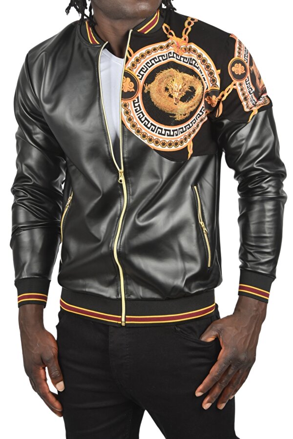 DeepSEA Erkek Siyah Taş İşlemeli Ejder Desenli Dar Kesim Fermuarlı Suni Deri Ceket Mont 2500616