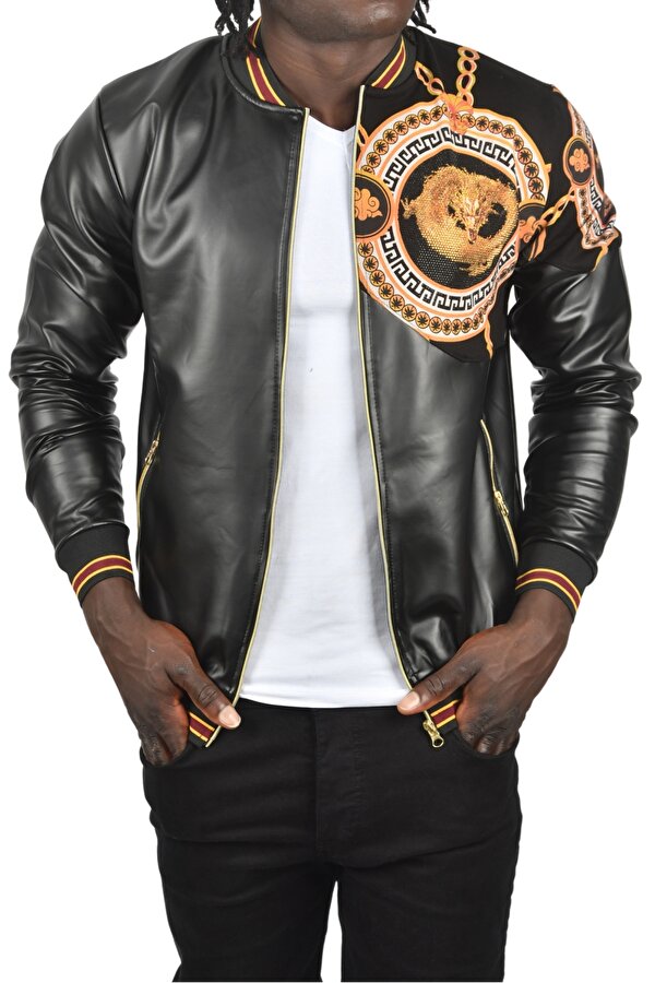 DeepSEA Erkek Siyah Taş İşlemeli Ejder Desenli Dar Kesim Fermuarlı Suni Deri Ceket Mont 2500616