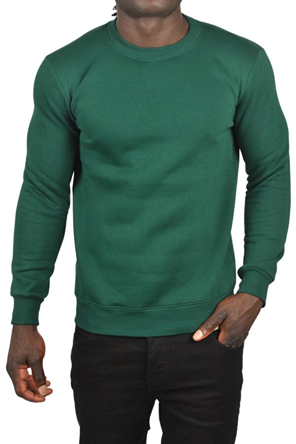 DeepSEA Erkek Koyu Yeşil Sıfır Yaka Üç İplik Kalın Unisex Pamuklu Basic Sweatshirt 2501560