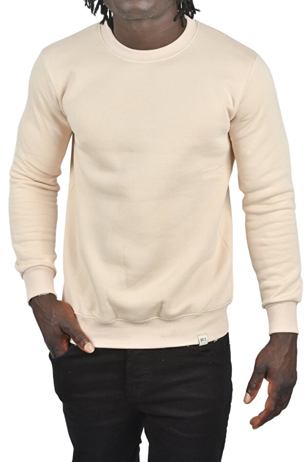 DeepSEA Erkek Bej Sıfır Yaka Üç İplik Kalın Unisex Pamuklu Basic Sweatshirt 2501560