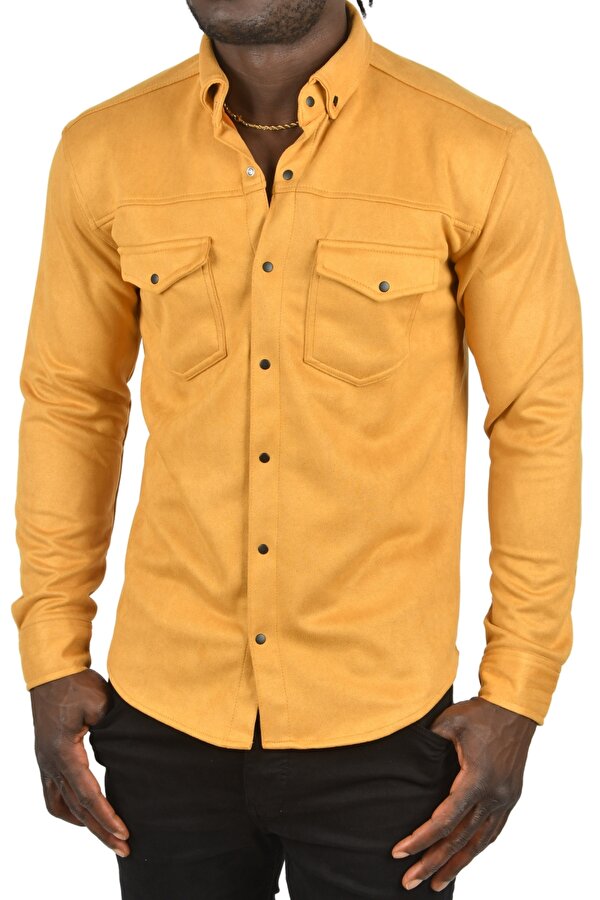 DeepSEA Erkek Hardal Sarısı Kırışmayan Süet Kumaş ÇıtÇıtlı Cepli Slim Fit Mevsimlik Gömlek 2302329
