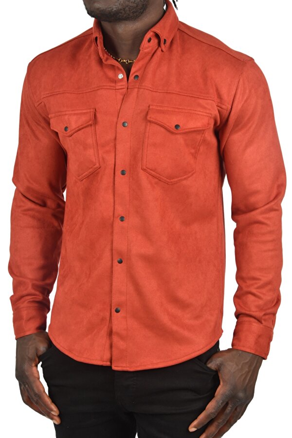 DeepSEA Erkek Kiremit Rengi Kırışmayan Süet Kumaş ÇıtÇıtlı Cepli Slim Fit Mevsimlik Gömlek 2302329