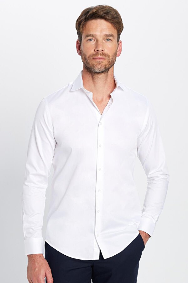 Slim Fit Uzun Kollu Koton Saten Premium Seri Erkek Beyaz Gömlek