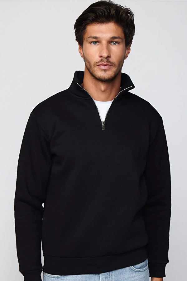 Unisex Relax Fit Rahat Kesim Pamuklu İçi Polarlı Yarım Fermuarlı Siyah Dik Yaka Sweatshirt