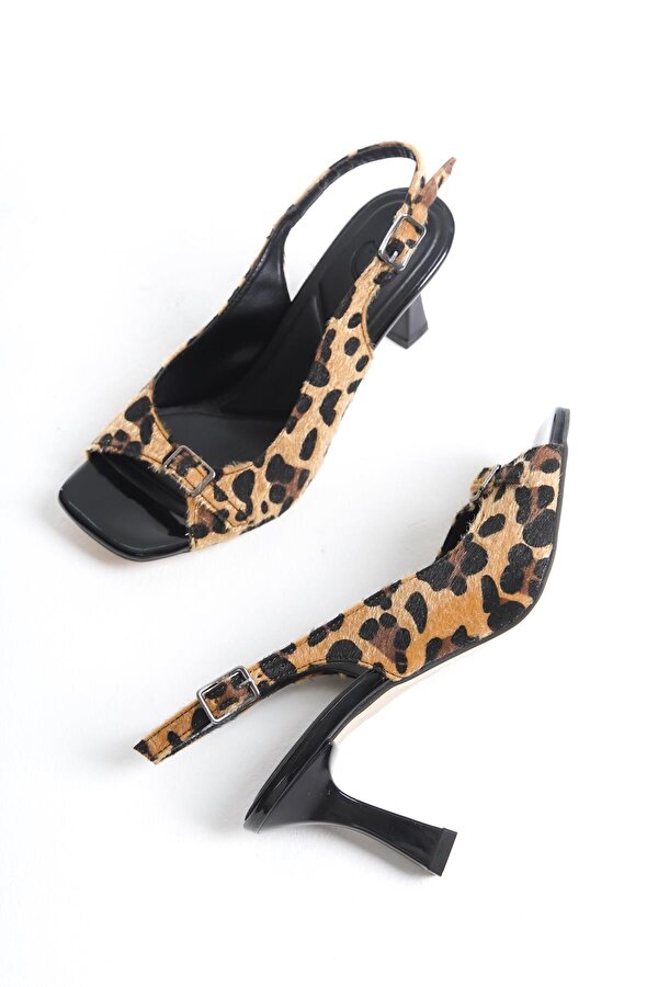 Seashell Leopar Arkası Açık Topuklu Sandalet Tokalı Kadın Ayakkabı