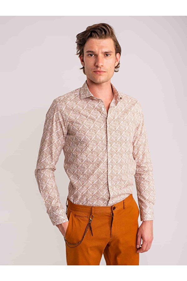 Kahverengi Erkek Slim Fit Baskılı Paul Yaka Uzun Kol Gömlek - 60643