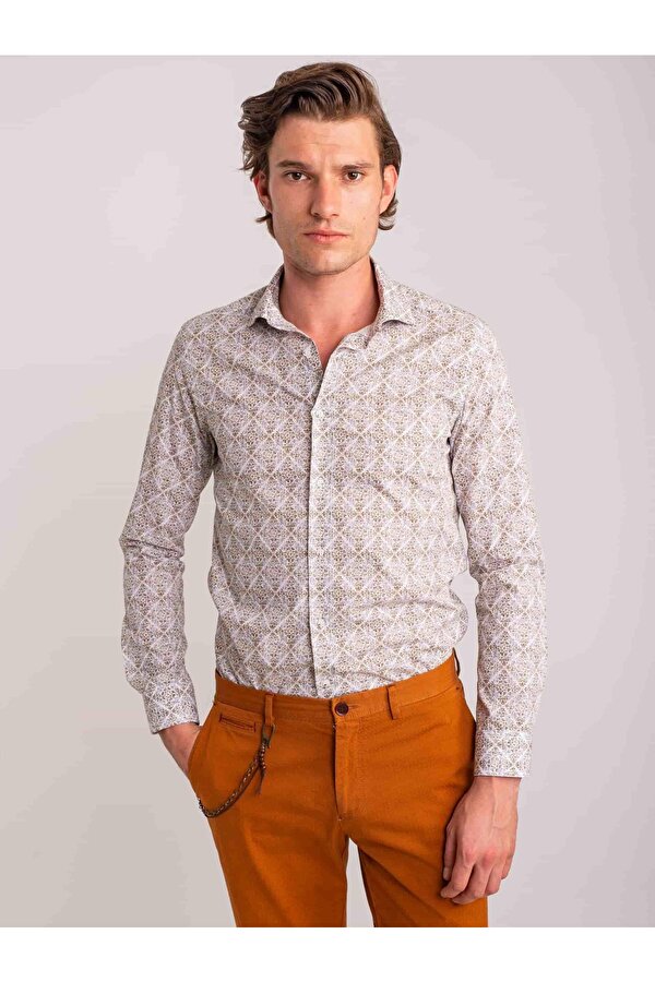 Yeşil Erkek Slim Fit Baskılı Paul Yaka Uzun Kol Gömlek - 60631