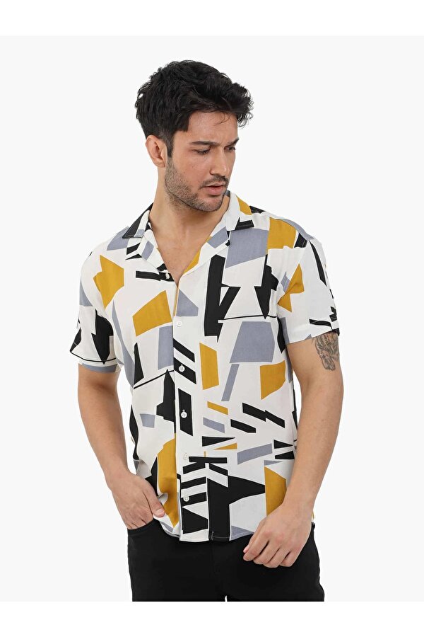 Karma Renk Erkek Ekstra Slim Fit Geometrik Desenli Apaç Yaka Kısa Kol Gömlek - 89456