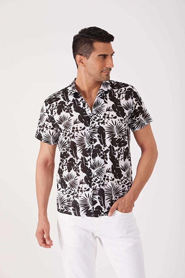 Siyah Erkek Regular Fit Çiçek Desenli Küba Yaka Kısa Kol Gömlek - 84290