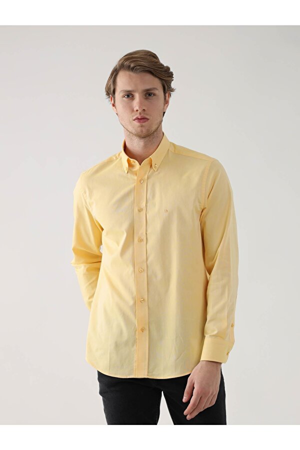 Sarı Erkek Regular Fit Oxford Brent Düğmeli Yaka Uzun Kol Gömlek - 94862