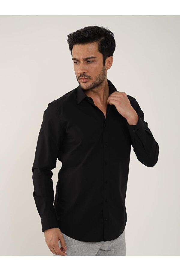 Siyah Erkek Slim Fit Düz Klasik Yaka Uzun Kol Gömlek - 103134