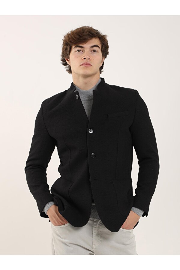 Siyah Erkek Slim Fit Balıksırtı Desenli  Mono Yaka Ceket - 91215