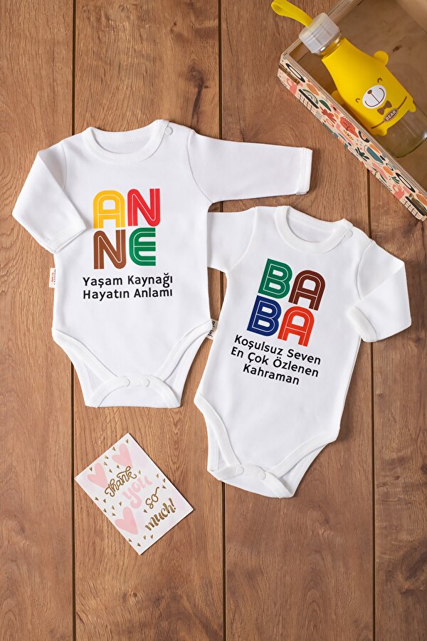 Ekru Organik Pamuk Anne & Baba Yazı Baskılı 2 li Bebek Çıtçıtlı Badi 19814