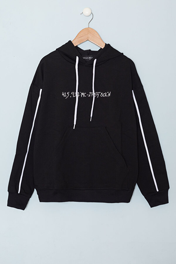 Siyah Baskılı Erkek Çocuk Şeritli Kapüşonlu Sweatshirt 19216