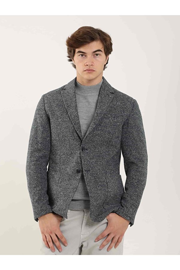 Lacivert Erkek Slim Fit Melanj Desenli Casual Mono Yaka Ceket - 97205