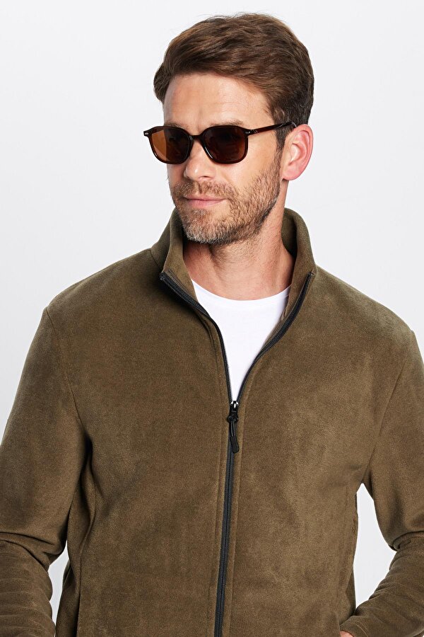 Unisex Standart Fit Tam Fermuarlı Tüylenme Yapmayan Soğuk Geçirmez Haki Dik Yaka Polar Sweatshirt