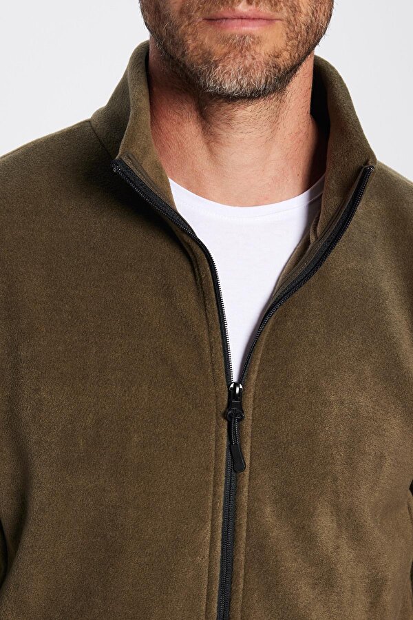 Unisex Standart Fit Tam Fermuarlı Tüylenme Yapmayan Soğuk Geçirmez Haki Dik Yaka Polar Sweatshirt