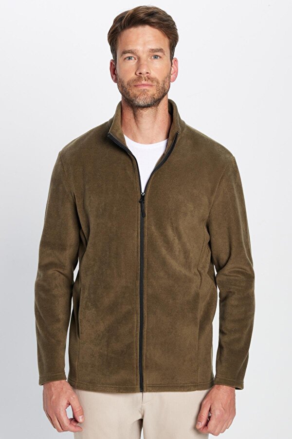 Unisex Standart Fit Tam Fermuarlı Tüylenme Yapmayan Soğuk Geçirmez Haki Dik Yaka Polar Sweatshirt