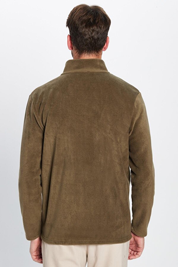 Unisex Standart Fit Tam Fermuarlı Tüylenme Yapmayan Soğuk Geçirmez Haki Dik Yaka Polar Sweatshirt