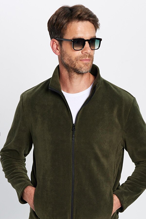 Unisex Standart Fit Tam Fermuarlı Tüylenme Yapmayan Soğuk Geçirmez Haki Dik Yaka Polar Sweatshirt