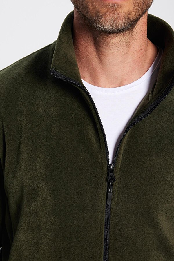 Unisex Standart Fit Tam Fermuarlı Tüylenme Yapmayan Soğuk Geçirmez Haki Dik Yaka Polar Sweatshirt