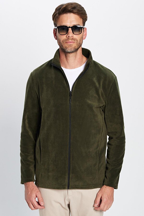 Unisex Standart Fit Tam Fermuarlı Tüylenme Yapmayan Soğuk Geçirmez Haki Dik Yaka Polar Sweatshirt