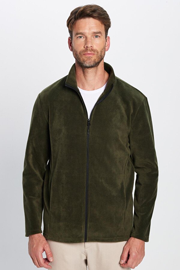 Unisex Standart Fit Tam Fermuarlı Tüylenme Yapmayan Soğuk Geçirmez Haki Dik Yaka Polar Sweatshirt