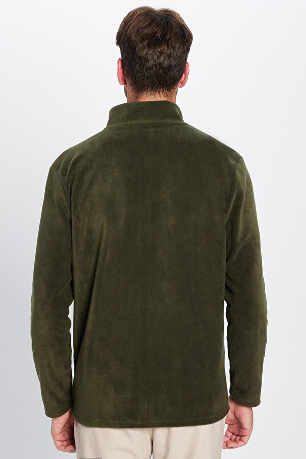 Unisex Standart Fit Tam Fermuarlı Tüylenme Yapmayan Soğuk Geçirmez Haki Dik Yaka Polar Sweatshirt