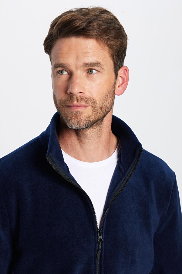 Unisex Standart Fit Tam Fermuarlı Tüylenme Yapmayan Soğuk Geçirmez Lacivert Dik Yaka Polar Sweatshirt