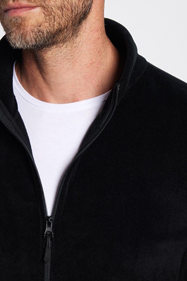 Unisex Standart Fit Tam Fermuarlı Tüylenme Yapmayan Soğuk Geçirmez Siyah Dik Yaka Polar Sweatshirt