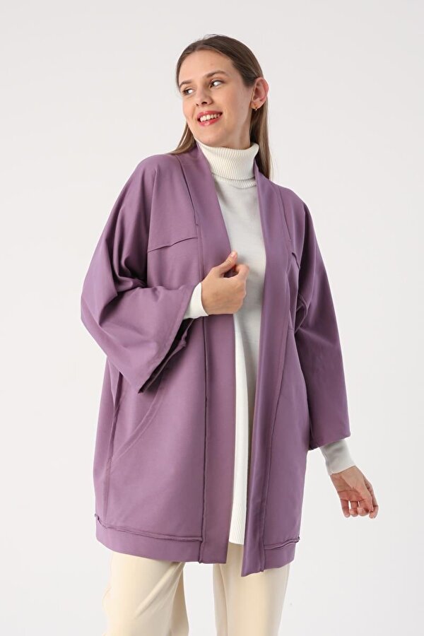 Koyu Lila-Yarasa Kollu Oversize Hırka